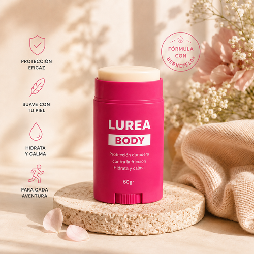 LUREA BODY sobre piedra de travertino con flores - Protección eficaz, suave con tu piel, hidrata y calma, para cada aventura